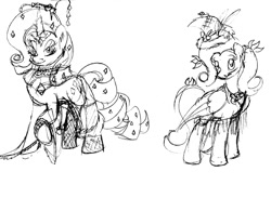 Size: 700x513 | Tagged: safe, artist:emilou1985, imported from derpibooru, fluttershy, rarity, pony, clothes, hat, monochrome, sketch, witch hat