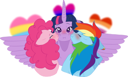 Size: 1280x775 | Tagged: safe, artist:matttheenby, imported from derpibooru, pinkie pie, rainbow dash, twilight sparkle, alicorn, pony, :i, bisexual pride flag, blushing, cheek kiss, eyes closed, female, floppy ears, heart, heart eyes, kiss on the cheek, kiss sandwich, kissing, lesbian, lesbian pride flag, love triangle, nose wrinkle, pansexual pride flag, pinkiedashsparkle, polyamory, pride, pride flag, shipping, simple background, transparent background, twidash, twilight sparkle (alicorn), twinkie, twinkiedash, wingding eyes