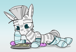 Size: 1400x968 | Tagged: safe, artist:dacaoo, imported from derpibooru, oc, oc only, pony, zebra, clothes, gradient background, socks, solo, striped socks, tablet, zebra oc