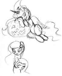 Size: 800x977 | Tagged: safe, artist:emilou1985, imported from derpibooru, princess celestia, princess luna, pony, halloween, holiday, jack-o-lantern, missing horn, monochrome, pumpkin, sketch, traditional art