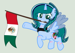 Size: 1410x988 | Tagged: safe, artist:lominicinfinity, imported from derpibooru, oc, oc only, oc:infinity mi rosalinda, alicorn, pony, female, flag, mare, mexico, mouth hold, simple background, solo