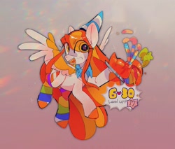 Size: 2000x1700 | Tagged: safe, artist:poneko-chan, imported from derpibooru, oc, oc only, pegasus, pony, birthday, clothes, hat, party hat, socks, solo, striped socks