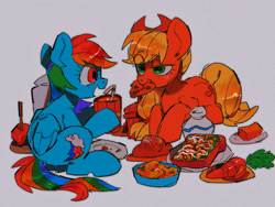 Size: 1200x900 | Tagged: safe, artist:poneko-chan, imported from derpibooru, applejack, rainbow dash, earth pony, pegasus, pony, appledash, bread, carrot, cookie, crumbs, digital art, drink, duo, eating, female, folded wings, food, freckles, gray background, hat, herbivore, lesbian, looking at each other, lying down, mare, mouth hold, multicolored mane, open mouth, plate, raised hoof, shipping, simple background, sitting, straw, wings