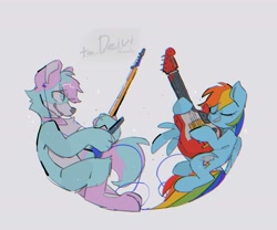 Size: 1800x1500 | Tagged: safe, artist:poneko-chan, imported from derpibooru, rainbow dash, oc, pegasus, pony, commission, duo, electric guitar, furry, guitar, musical instrument, simple background, white background