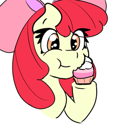 Size: 975x1062 | Tagged: safe, artist:nozukz, imported from derpibooru, apple bloom, earth pony, pony, /mlp/, adorabloom, cupcake, cute, drawthread, eating, female, filly, food, simple background, solo, white background