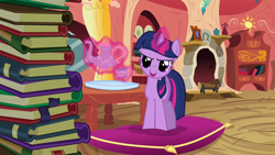 Size: 1280x720 | Tagged: safe, imported from derpibooru, screencap, twilight sparkle, pony, unicorn, spike at your service, book, cup, female, food, golden oaks library, mare, pillow, smiling, smirk, solo, tea, teacup, teapot, unicorn twilight