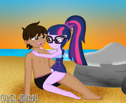 Size: 1669x1356 | Tagged: safe, artist:cyber-murph, imported from derpibooru, sci-twi, twilight sparkle, oc, equestria girls, equestria girls series, beach, canon x oc, clothes, commission, cute, glasses, hands on shoulder, kiss mark, lidded eyes, lipstick, ocean, ponytail, rock, signature, sitting, sunset, swimsuit