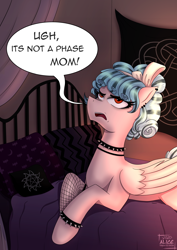 Size: 2126x3000 | Tagged: safe, artist:alicetriestodraw, imported from derpibooru, cozy glow, pegasus, pony, bed, choker, ear piercing, earring, eyeliner, fishnets, funny, goth, it's a phase, it's not a phase, jewelry, lying down, makeup, on bed, piercing, prone, solo, spiked choker, spiked wristband, teenager, wristband