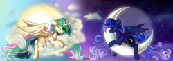 Size: 8186x2894 | Tagged: safe, artist:julunis14, imported from derpibooru, princess celestia, princess luna, alicorn, pony, alternate hairstyle, anniversary art, chest fluff, cloud, crescent moon, day, day and night, duo, eyes closed, female, fluffy, happy birthday mlp:fim, mare, missing accessory, mlp fim's tenth anniversary, moon, night, night sky, on a cloud, royal sisters, siblings, sisters, sky, sky background, sleeping, sleeping on a cloud, sleeping on moon, spread wings, sun, tangible heavenly object, wings