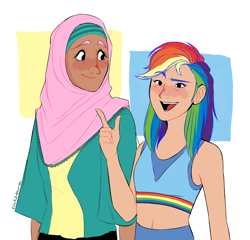 Size: 2396x2299 | Tagged: safe, artist:syrupyyy, artist:watchoutoprah, imported from derpibooru, fluttershy, rainbow dash, human, alternate hairstyle, belly button, blushing, clothes, comments locked down, dark skin, diversity, duo, female, graveyard of comments, hijab, humanized, islam, islamashy, midriff, open mouth, religion, shirt, shorts, sports bra, sports shorts