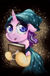 Size: 1457x2218 | Tagged: safe, artist:eris azure, imported from derpibooru, starlight glimmer, sunburst, pony, unicorn, alternate hairstyle, black background, book, clothes, cute, cutie mark, gameloft, gameloft interpretation, glasses, gloves, hat, simple background, solo