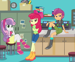 Size: 3192x2648 | Tagged: safe, artist:grapefruitface1, imported from derpibooru, apple bloom, scootaloo, sweetie belle, equestria girls, armband, base used, belt, book, boots, clothes, crossed legs, cutie mark crusaders, female, hoodie, jeans, looking at you, office, pants, shirt, shoes, show accurate, skirt, table, trio, trio female, updated, zipper