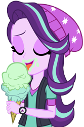 Size: 5269x7944 | Tagged: safe, artist:famousmari5, imported from derpibooru, starlight glimmer, equestria girls, mirror magic, spoiler:eqg specials, absurd resolution, beanie, clothes, dessert, eyes closed, female, food, hat, ice cream, ice cream cone, licking, open mouth, simple background, solo, tongue out, transparent background, vector, vest, watch, wristwatch