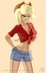 Size: 1200x1920 | Tagged: safe, artist:cherrymocaccino, artist:zuko42, imported from derpibooru, applejack, human, art pack:music album 'e.g.8 themes', equestria girls, belly button, blonde hair, breasts, busty applejack, clothes, confident, cowboy hat, cowgirl, denim shorts, female, freckles, front knot midriff, green eyes, hand on hip, hands on hip, hat, jeans, looking at you, midriff, pants, shirt, shorts, simple background, smiling, smiling at you, solo, thighs, tomboy, watermark