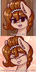 Size: 1024x2048 | Tagged: safe, artist:dsp2003, imported from derpibooru, oc, oc only, oc:brownie bun, earth pony, pony, /mlp/, :p, abstract background, blushing, comic, cute, female, mare, meme, ocbetes, parody, ponified meme, tongue out