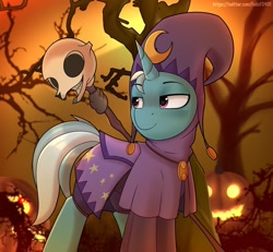 Size: 1024x946 | Tagged: safe, artist:feital-zebra, artist:felixf, imported from derpibooru, trixie, pony, unicorn, alternate clothes, alternate costumes, clothes, halloween, hat, holiday, jack-o-lantern, necromancer, pumpkin, skull, solo, staff, tree, wizard hat