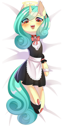 Size: 2816x5668 | Tagged: safe, artist:alus, imported from derpibooru, oc, oc:seven sister, pony, unicorn, blushing, body pillow, clothes, collar, dakimakura cover, female, halo, looking at you, maid, open mouth, smiling, solo