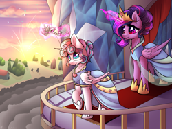 Size: 4000x3000 | Tagged: safe, artist:cornelia_nelson, imported from derpibooru, princess flurry heart, twilight sparkle, alicorn, pony, clothes, coronation, coronation dress, dress, female, mare, older, older flurry heart, patreon, sunrise, twilight sparkle (alicorn)