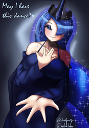 Size: 2053x2943 | Tagged: safe, artist:chiefyaero, imported from derpibooru, princess luna, human, blushing, breasts, bronybait, busty princess luna, crown, eye clipping through hair, hair over one eye, hand, horn, horned humanization, humanized, jewelry, looking at you, regalia, talking to viewer