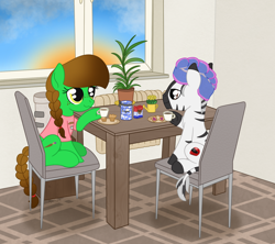 Size: 1712x1517 | Tagged: safe, artist:dyonys, imported from derpibooru, oc, oc:lucky brush, oc:nik, earth pony, pony, zebra, braid, bread, breakfast, chair, clothes, coffee, female, flower, food, freckles, male, mare, muffin, pajamas, sitting, stallion, table, toast, towel