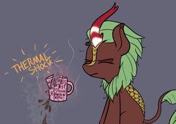 Size: 1779x1260 | Tagged: safe, artist:pinkberry, imported from derpibooru, cinder glow, summer flare, kirin, broken glass, coffee, coffee mug, dead inside, eyes closed, female, glowing horn, horn, magic, mug, regret, solo, spilled drink, steam, thermal shock, this will end in nirik, tired