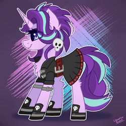 Size: 2000x2000 | Tagged: safe, alternate version, artist:liquorice_sweet, imported from derpibooru, starlight glimmer, pony, unicorn, alternate hairstyle, chest fluff, clothes, dress, ear fluff, edgelight glimmer, edgy, female, gameloft interpretation, goth, high res, leg fluff, mare, profile, punk, skull, solo