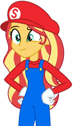 Size: 1024x1756 | Tagged: safe, artist:emeraldblast63, imported from derpibooru, sunset shimmer, equestria girls, cap, clothes, clothes swap, cosplay, costume, crossover, gloves, halloween, hat, holiday, long sleeved shirt, long sleeves, mario, mario's hat, motorcross, overalls, shirt, simple background, solo, super mario bros., transparent background, undershirt