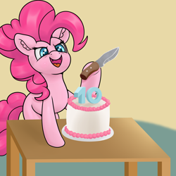 Size: 4000x4000 | Tagged: safe, artist:yelowcrom, imported from derpibooru, pinkie pie, earth pony, pony, cake, cute, cute little fangs, evil grin, fangs, female, food, grin, happy birthday mlp:fim, knife, mare, mlp fim's tenth anniversary, smiling, smirk, table