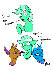 Size: 3508x4961 | Tagged: safe, artist:mekblue, imported from derpibooru, oc, oc:chris, oc:colarus, oc:mantyx, changeling, unicorn, buggo, changeling oc, comic, funny, horn, not lyra, one eye closed, tongue out, unicorn oc, wink