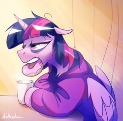 Size: 1265x1248 | Tagged: safe, artist:anticular, imported from derpibooru, twilight sparkle, alicorn, pony, bags under eyes, clothes, crepuscular rays, donut, eating, female, floppy ears, food, frown, hoodie, lidded eyes, mare, messy mane, morning ponies, mug, pajamas, sitting, solo, table, twilight sparkle (alicorn)