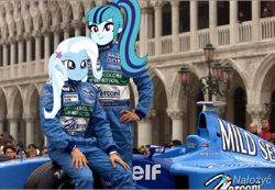 Size: 720x498 | Tagged: safe, imported from derpibooru, sonata dusk, trixie, human, equestria girls, benetton, car, f1 car, formula 1, racecar, smiling