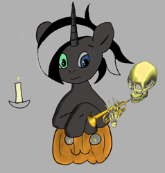 Size: 642x675 | Tagged: safe, imported from derpibooru, oc, oc only, pony, derpibooru, candle, halloween, heterochromia, holiday, meta, musical instrument, my little pony, pumpkin, rating, skull, tags, trumpet