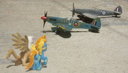 Size: 2000x1146 | Tagged: safe, artist:dingopatagonico, imported from derpibooru, gilda, spitfire, pony, bf-109, blind bag, clothes, irl, photo, plane, spitfire mk 22, supermarine spitfire, toy, uniform, wonderbolts uniform