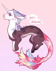 Size: 792x1000 | Tagged: safe, artist:oslepus, imported from derpibooru, oc, oc only, oc:swift warning, draconequus, draconequus oc, magical discordian spawn, magical parthenogenic spawn, male, offspring, parent:discord, pink background, simple background, solo