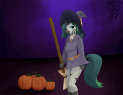 Size: 1200x927 | Tagged: safe, artist:warskunk, imported from derpibooru, oc, oc only, oc:forest glade, anthro, hybrid, zebra, zebracorn, zony, belt, broom, clothes, costume, eyelashes, eyeshadow, female, halloween, hat, holiday, lidded eyes, looking at you, makeup, painting, pumpkin, robe, short shirt, signature, smiling, solo, thighs, witch, witch hat