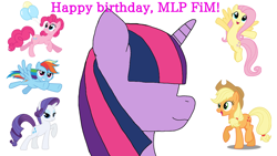 Size: 1280x720 | Tagged: safe, artist:gameplay the pony, derpibooru exclusive, imported from derpibooru, applejack, fluttershy, pinkie pie, rainbow dash, rarity, twilight sparkle, alicorn, earth pony, pegasus, pony, unicorn, balloon, colored, cutie mark, digital art, female, group, happy birthday mlp:fim, mane six, mare, mlp fim's tenth anniversary, smiling, text