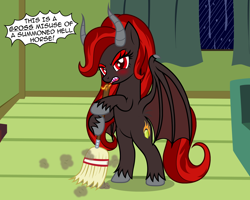 Size: 2570x2056 | Tagged: safe, artist:badumsquish, derpibooru exclusive, imported from derpibooru, part of a set, oc, oc only, oc:kim stone, demon, demon pony, monster pony, original species, pony, angry, bat wings, bipedal, blushing, brimstone, broom, chores, couch, curtains, darkness, demon wings, dialogue, dirt, dust, female, fire, fire breath, folded wings, forked tongue, glare, hoof hold, horns, looking at you, magic, magic circle, pentagram, ponytail, rain, red eyes, sharp teeth, solo, storm, summoning, summoning circle, sweeping, talking to viewer, teeth, unshorn fetlocks, window, wings, yelling