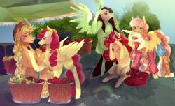 Size: 1800x1097 | Tagged: safe, artist:bunnari, imported from derpibooru, applejack, strawberry sunrise, oc, oc:apple berry, oc:pina colada (ice1517), oc:white lilly, earth pony, pegasus, pony, icey-verse, alternate hairstyle, apple, applejack's hat, applerise, barrel, bedroom eyes, bipedal, blouse, blushing, bush, clothes, commission, cowboy hat, ear piercing, earring, embarrassed, eyebrow piercing, eyes closed, eyeshadow, facehoof, family, female, flying, food, freckles, glasses, grin, hat, hear no evil, hoof hold, jewelry, lesbian, magical lesbian spawn, makeup, mare, markings, mother and child, mother and daughter, offspring, parent:applejack, parent:strawberry sunrise, parents:applerise, piercing, pineapple, raised hoof, rock, rope, see no evil, shipping, shirt, shorts, siblings, sisters, sitting, smiling, socks, speak no evil, stall, stockings, strawberry, sweat, sweatdrop, sweatdrops, tattoo, thigh highs, three wise monkeys, wall of tags