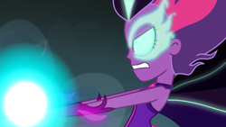 Size: 1920x1080 | Tagged: safe, imported from derpibooru, screencap, sci-twi, twilight sparkle, equestria girls, friendship games, angry, bare shoulders, blast, female, glowing eyes, magic, magic blast, midnight sparkle, sleeveless, solo, strapless