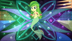 Size: 3840x2160 | Tagged: safe, artist:laszlvfx, artist:vitalspark, edit, imported from derpibooru, apple fritter, mermaid, equestria girls, apple family member, belly button, equestria girls-ified, mermaidized, solo, species swap, tube top, wallpaper, wallpaper edit