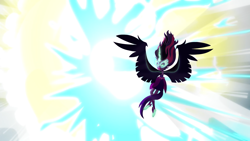 Size: 1920x1080 | Tagged: safe, imported from derpibooru, screencap, sci-twi, twilight sparkle, equestria girls, friendship games, bare shoulders, blast, female, glowing eyes, magic, magic blast, midnight sparkle, sleeveless, solo, strapless