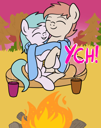 Size: 1536x1928 | Tagged: safe, artist:lannielona, imported from derpibooru, pony, advertisement, autumn, campfire, clothes, commission, cuddling, drink, evening, eyes closed, female, grass, hug, male, mare, scarf, stallion, tree, your character here