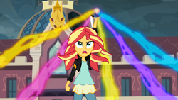 Size: 1920x1080 | Tagged: safe, imported from derpibooru, screencap, sunset shimmer, equestria girls, friendship games, female, floating, frown, glare, lightning, magic, magic capture device, open mouth, solo, talking