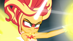 Size: 1920x1080 | Tagged: safe, imported from derpibooru, screencap, sunset shimmer, equestria girls, friendship games, bare shoulders, blast, daydream shimmer, female, horn, magic, magic blast, sleeveless, solo, strapless