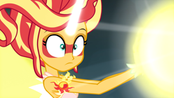Size: 1920x1080 | Tagged: safe, imported from derpibooru, screencap, sunset shimmer, equestria girls, friendship games, bare shoulders, blast, daydream shimmer, female, horn, magic, magic blast, sleeveless, solo, strapless, surprised