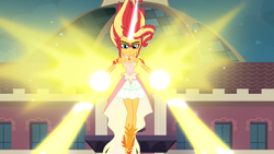 Size: 1920x1080 | Tagged: safe, imported from derpibooru, screencap, sunset shimmer, equestria girls, friendship games, bare shoulders, blast, daydream shimmer, energy blast, female, magic, magic blast, sleeveless, solo, strapless