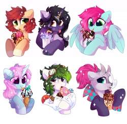 Size: 2047x2000 | Tagged: safe, artist:mirtash, imported from derpibooru, oc, oc only, oc:bead trail, oc:lexing, oc:rivibaes, oc:scoops, earth pony, pegasus, pony, unicorn, bust, donut, eating, food, goggles, heart, heart eyes, ice cream, markings, mask, pale belly, simple background, white background, wingding eyes