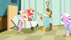 Size: 2880x1620 | Tagged: safe, alternate version, anonymous artist, imported from derpibooru, big macintosh, doctor horse, doctor stable, fluttershy, nurse sweetheart, oc, oc:late riser, earth pony, pegasus, pony, unicorn, series:fm holidays, baby, baby pony, bags under eyes, bed, birth, colt, face mask, female, five o'clock shadow, fluttermac, gloves, gritted teeth, holding hooves, hoof gloves, hoof hold, hospital, hospital gown, lineless, male, mare, mask, nervous, newborn, no pupils, offspring, onomatopoeia, parent:big macintosh, parent:fluttershy, parents:fluttermac, question mark, rubber gloves, shipping, sleeping, sound effects, stallion, straight, sweat, upside down, zzz