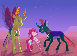 Size: 3600x2600 | Tagged: safe, artist:jackiebloom, imported from derpibooru, pharynx, pinkie pie, thorax, changedling, changeling, pony, clone, king thorax, pinkie clone, prince pharynx, story in the decription, story included