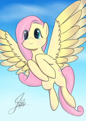 Size: 1280x1810 | Tagged: safe, artist:theh0osst, imported from derpibooru, fluttershy, pegasus, pony, eye clipping through hair, female, flying, hooves to the chest, mare, outdoors, sky, sky background, smiling, solo, spread wings, wings